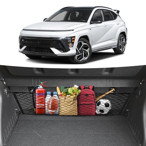 Canvcle Trunk Cargo Net for 2024-2026 Hyundai Kona Accessories Envelope Style Mesh Trunk Net Organizer and Storage Stretchable Adjustable Elastic Nylon Rear Cargo Netting with Hooks