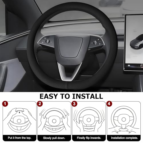 Microfiber Leather Universal 14.5-15 inch Steering Wheel Cover,Easy to Install Non-Slip Breathable Steering Wheel Protector Black
