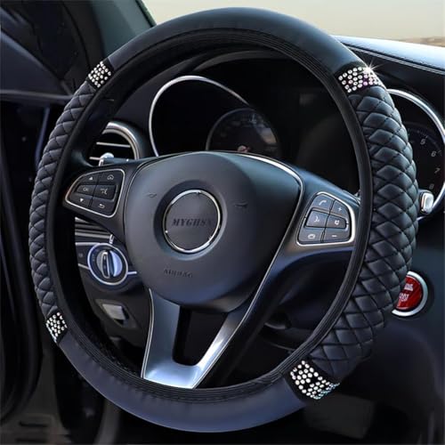 Microfiber Leather Steering Wheel Cover Universal 15 inch, with Bling Bling Crystal Rhinestones, Car Steering Wheel Anti-Slip Protector for Women Girls (Black)