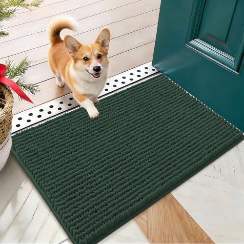 OLANLY Dog Door Mat for Muddy Paws 24x16, Ultra Absorbent Chenille Mud Doormat, Non-Slip Washable and Dirt Trapping Doormat for Indoor Entryway, Quick-Dry Indoor Pet Bed Mats for Dogs, Blackish Green - color: Blackish Green, size: 24" X 16"
