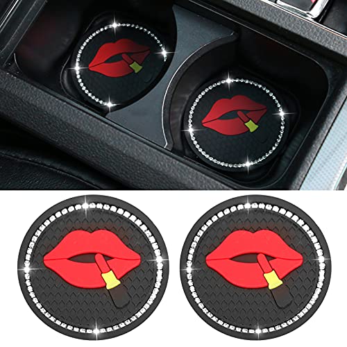Bling Cup Holder Insert Coasters, 2.75 Inch Crystal Rhinestone Rubber Pad, Round Auto Drink Coaster, Car Interior Accessories, 2 Pack