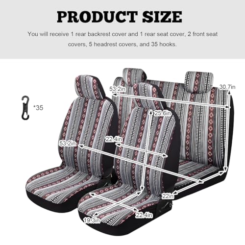 9PCS Baja Saddle Blanket Car Seat Covers, Front Set Breathable Washable Seat Covers with Seatbelt Pad, Striped Woven Cloth Airbag Compatible Seats Protector for Most Vehicles (Black White Red) - color: Black White Red