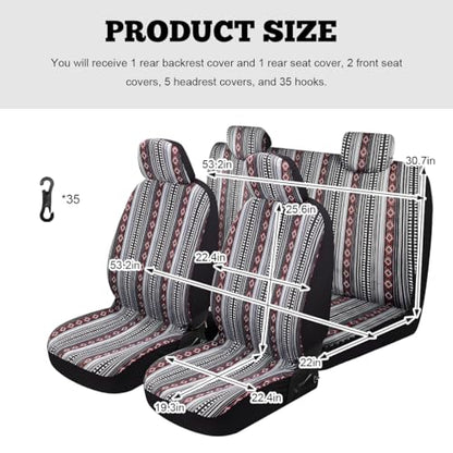 9PCS Baja Saddle Blanket Car Seat Covers, Front Set Breathable Washable Seat Covers with Seatbelt Pad, Striped Woven Cloth Airbag Compatible Seats Protector for Most Vehicles (Black White Red) - color: Black White Red