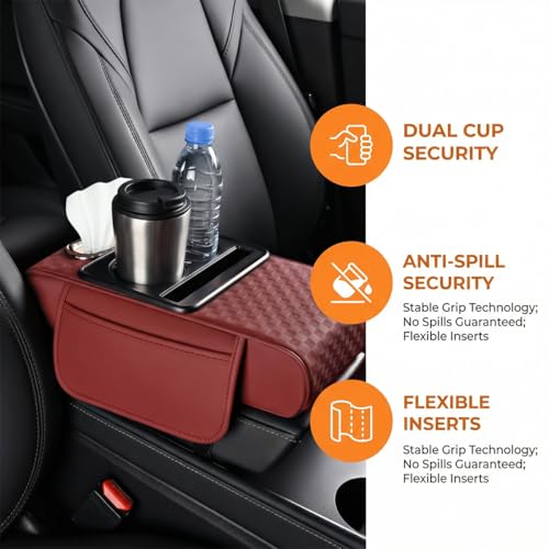 Car Center Console Armrest Pillow, 5-in-1 Armrest Box Cover with Cup Phone Holder & Storage Pocket Tissue Box, Multifunctional Auto Middle Console Arm Rest Protector, Universal Fit (Red) - color: Red