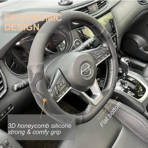 D Shaped Comfy Grip Steering Wheel Cover, Anti-Slip Design, Flat Bottom 14.5-15 Inch(Silicone Black)