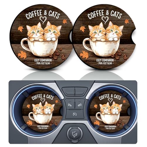 2PCS Cup Two Cats Car Cups Holder Coasters, Cars Coasters for Cup Holders, Anti Slip Rubber Mat with Finger Slot, Cat Car Accessories Interior Decor, Cat Lover Gifts for Women, Men - color: Cup 2 Cats