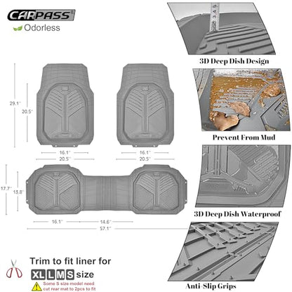 CAR PASS Heavy Duty Rubber Car Mats, Deepdish All Weather Floor Mats for Car Full Set, Universal Automotive Mats Trim to Fit for Sedans SUVs Trucks, Waterproof Anti-Slip Deep Tray 3 Pieces Light Gray - color: Gray Light