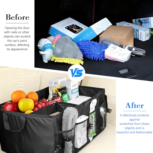 Car Trunk Organizer, Collapsible Multi-Compartment Large Capacity Vehicle Storage Container, Foldable Adjustable Automotive Interior Organization Box, Universal Fit (Black)