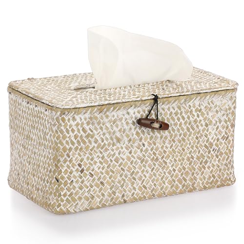 Sumnacon Tissue Box Cover-Large Rectangle Tissue Box Seagrass Tissue Box Holder Woven Tissue Holder Decorative Tissue Cover for Bathroom Tissue Box Cover Rectangular for Home Office Table Whitewash - color: Whitewash, size: Large