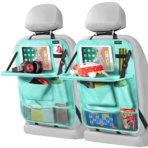 Car Backseat Organizer with Tablet Holder-2 Pcs,6 Storage Pockets Car Storage Organizer with Foldable Food Tray,Protectors Kick Mats Travel Accessories-Light Blue - color: Cerulean Breeze, size: 2 Pack with Food Tray