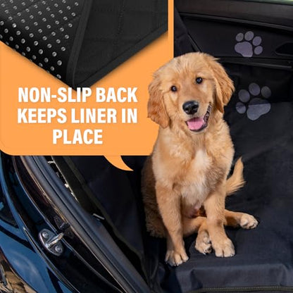 Waterproof Hammock Standard Car Seat Cover, Fits Sedans Hatchbacks Crossovers Coupes Compact Vehicles, Secure Convertible Travel Bed Protects Backseat Cargo from Dogs, Black w/Orange Trim