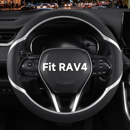 Customized Auto Car Steering Wheel Cover for Toyota RAV4 LE XLE Limited Hybrid 1996-2025 2026, Black+Silver - color: A-Black+Silver