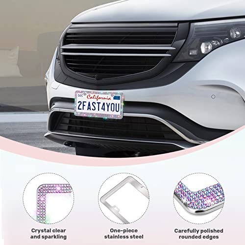 QUANQIUFEI 2 Pack Bling License Plate Frames, Sparkly Rhinestone Diamond Car License Plate Cover for Women, Stainless Steel Car Accessories with Glitter Crystal Caps (Colorful)