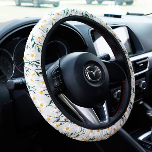 Embroidered Flowers White Cute Daisy Steering Wheel Cover Auto Anti-Slip Breathable Steering Wheel Protector,Floral Car Accessories for Women,Universal Size Fit Most Cars -15 inch - color: Daisy Whtie