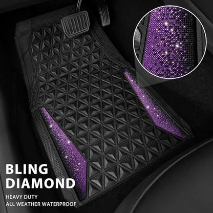CAR PASS Bling Rubber Car Mats Diamond Floor Mats Full Set Anti-Slip 3D Rhombus Waterproof Universal Trim to Fit Liner Glitter Crystal Sparkly Shining Rhinestone Girl Women SUV Sedan Van, Black Purple - color: Purple Diamond
