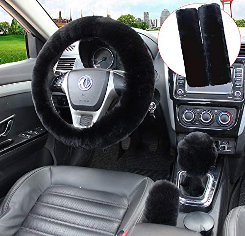 Pinbola 5pcs in 1 Set Faux Wool Steering Wheel Cover Soft Fluffy Handbrake Cover & Gear Shift Cover & 2pcs Seat Belt Shoulder Pads Warm Universal Fit for 15 Inch (Black) - color: Black