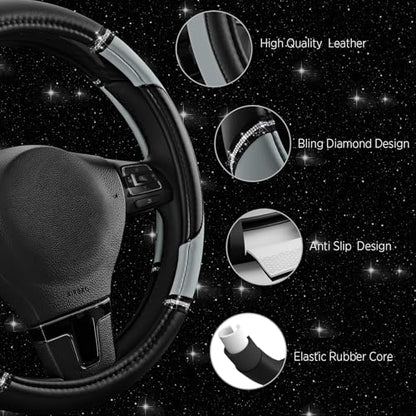 Road Comforts Leather Steering Wheel Cover - Made with PVC Leather - Anti-Slip, Universal Fit 14 1/2 inches to 15 inches - Gray