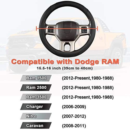 Customized Auto Car Steering Wheel Cover for Dodge RAM 1500 2500 3500, 15.5-16 inch (Black-Large Size)