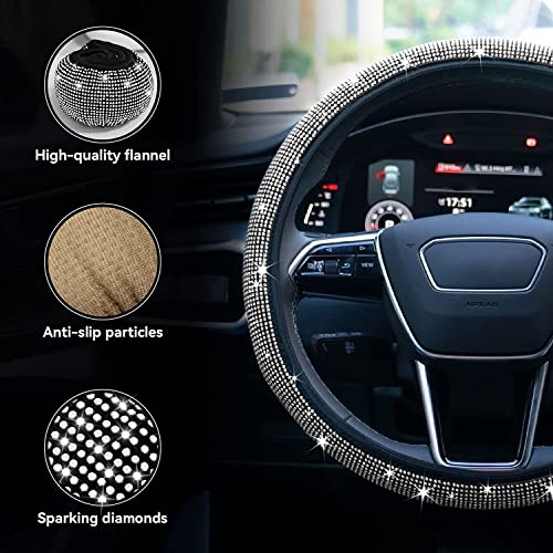 Bling Rhinestone Steering Wheel Cover with Crystal Diamond for Women, Sparkling Car Wheel Protector Universal Fit 14-15 inches - White