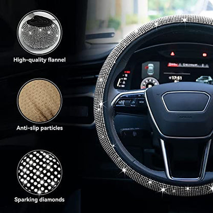 Bling Rhinestone Steering Wheel Cover with Crystal Diamond for Women, Sparkling Car Wheel Protector Universal Fit 14-15 inches - White