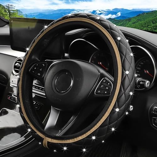 Bling Leather Steering Wheel Cover, 15 Inch Anti-Slip Elastic Auto Steering Wheel Protector with Sparkling Diamond for Women Girls, Universal Vehicle Decor Accessories for Most Cars (Beige)