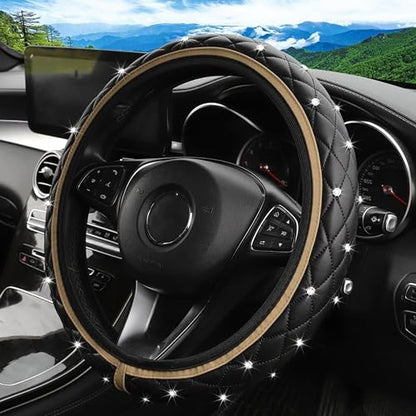 Bling Leather Steering Wheel Cover, 15 Inch Anti-Slip Elastic Auto Steering Wheel Protector with Sparkling Diamond for Women Girls, Universal Vehicle Decor Accessories for Most Cars (Beige)