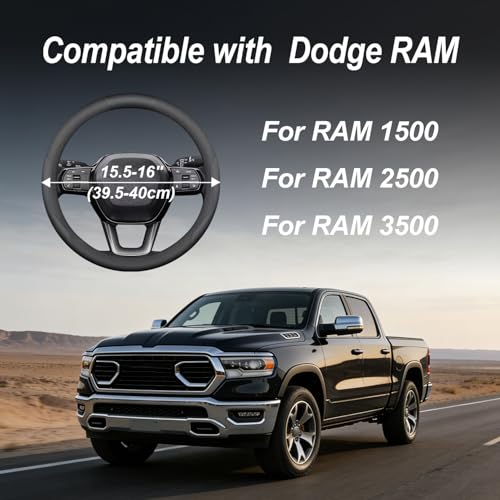 Luxury Microfiber Leather Steering Wheel Cover for Dodge Ram 1500 2500 3500, 15.5-16 Inch Non-Slip Breathable Interior Accessories, Comfortable Grip Anti-Slip Driving (Black)