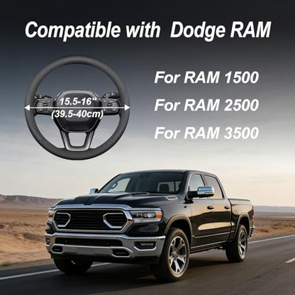 Luxury Microfiber Leather Steering Wheel Cover for Dodge Ram 1500 2500 3500, 15.5-16 Inch Non-Slip Breathable Interior Accessories, Comfortable Grip Anti-Slip Driving (Black)