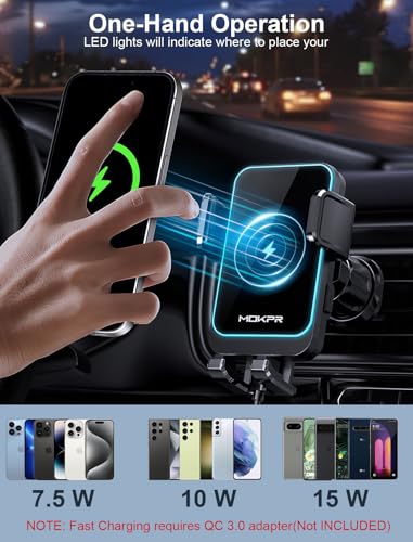 Wireless Car Charger, MOKPR 15W Fast Charging Auto Clamping Dashboard Windshield Air Vent Car Phone Holder with LED Light Car Charger for iPhone 16 15/14/13/12 Pro Max Plus, Samsung S23/S22/S21,etc - style: Dashboard