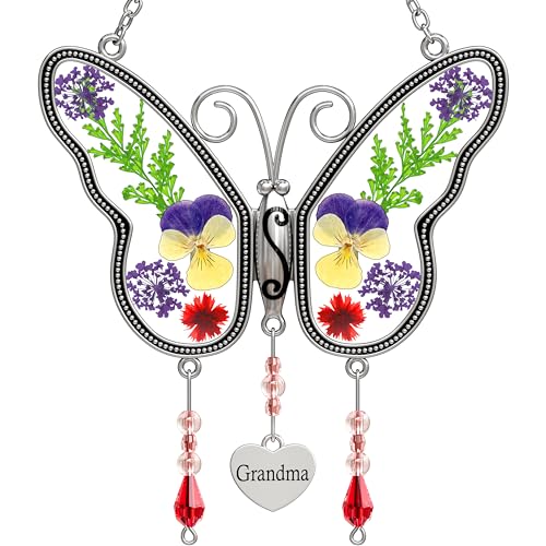 Butterfly Suncatcher Grandma Stained Glass Sun Catcher for Windows Hangings Ornament with Pressed Real Flower Wings in Glass and Metal Heart Charm Birthday Gift for Women Mothers Day Christmas - style: Grandma