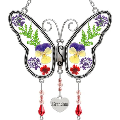 Butterfly Suncatcher Grandma Stained Glass Sun Catcher for Windows Hangings Ornament with Pressed Real Flower Wings in Glass and Metal Heart Charm Birthday Gift for Women Mothers Day Christmas - style: Grandma