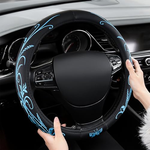 Car Leather Steering Wheel Cover - Panapi Material, Universal 14.5-15 Inch Leather Anti-Slip Breathable Auto Steering Wheel Covers for Men Women (Embroidery-Blue) - color: Embroidery-Blue