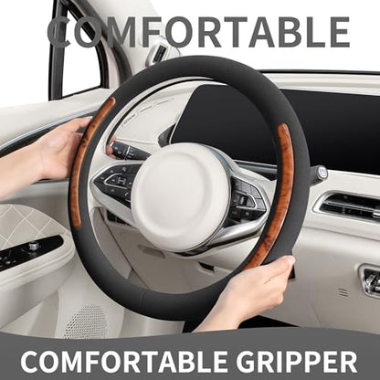 Steering Wheel Cover, Universal 15 inch, Faux Leather Steering Wheel Protector Anti-Slip, Breathable & Heating-Compatible for Cars Trucks SUVs Vans - color: Black