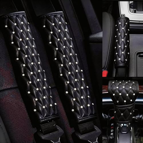 5pcs/Set Bling Bling Car Seat Belt Covers & Diamond Gear Shift Knob Cover & Crystal Handbrake Cover Set Diamond Auto Interior Decor Accessories for Women (5pcs/Set - Full Crystal)
