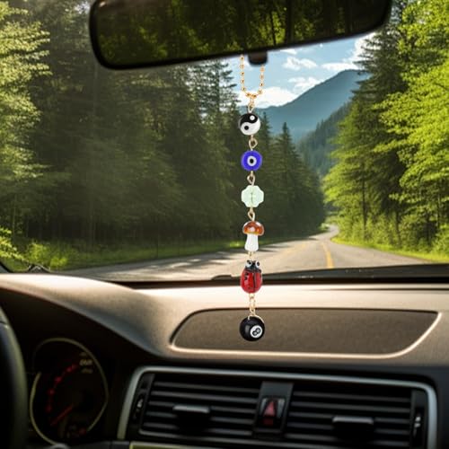 Evil Eye Car Hanging Ornament, Car Mirror Hanging Accessories Good Lucky Days Charm Decor with Four-Leaf Clover Ladybug 8 Ball Mushroom Yin Yang Symbo and Boho Car Accessories for Keychain Cellphone - color: Style I
