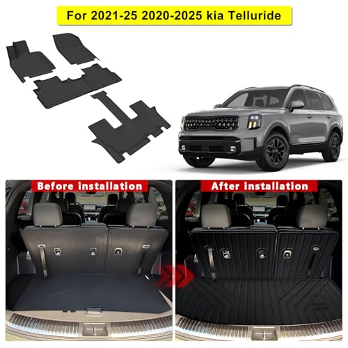 Floor Mats & Cargo Liner with Backrest Mats for 2020-2025 Kia Telluride 7/8 Seats, TPE Protectors Full Set Fit for Kia Telluride Accessories Back - size: 2020-25|Kia Telluride|full Set