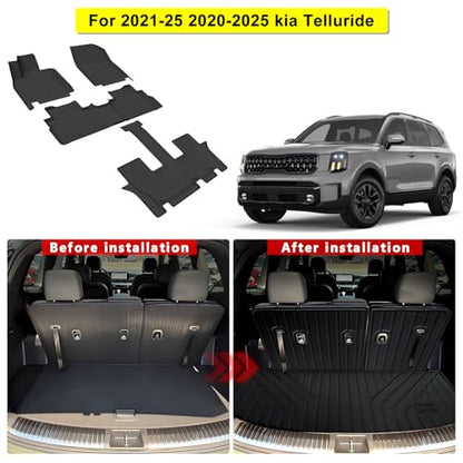 Floor Mats & Cargo Liner with Backrest Mats for 2020-2025 Kia Telluride 7/8 Seats, TPE Protectors Full Set Fit for Kia Telluride Accessories Back - size: 2020-25|Kia Telluride|full Set