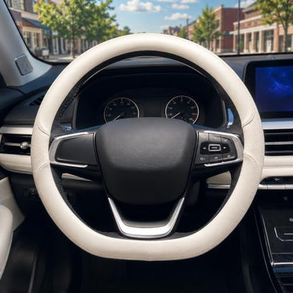D Shaped Steering Wheel Cover, Flat Bottom Car Wheel Cover 14 1/2-15 inch (37-39 cm), Non-Folding Packaging, Microfiber Leather, Black and Light Creamy White - color: Light Creamy White, size: D Shaped: Medium 14 1/2''-15''