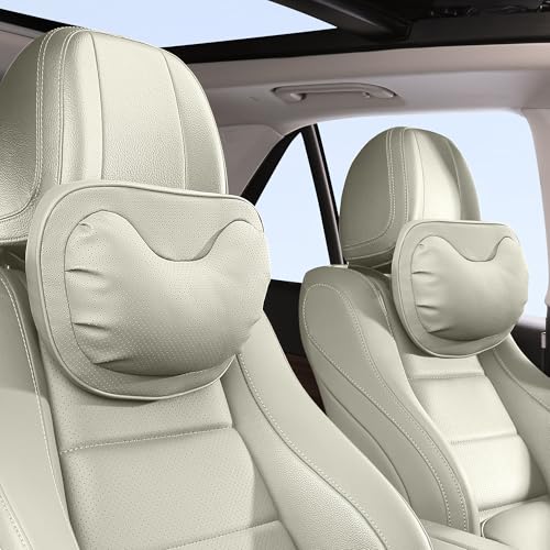 Car Neck Pillow [No More Pressure] Soft Comfortable Premium Leather Headrest with Adjustable Strap – Ergonomic Support for Driving, Office & Gaming, Off White (Beige), 2 Pack - color: Off White (Light Gray), size: Headrest-2P