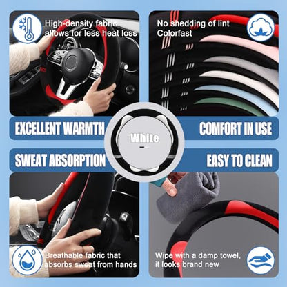 Furry Cute Steering Wheel Cover, Soft Fluffy Short Plush Auto Accessories, Non-Slip Cold-Proof Sweat-Proof Colorfast, Universal 15 inch(Black with White)
