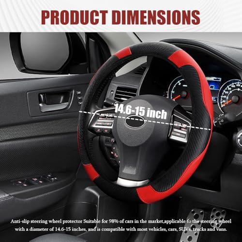 Car Steering Wheel Cover, Steering Wheel Protector, Universal 14.5-15 Inch Microfiber Leather Breathable Auto Steering Wheel Covers, Carbon Fiber Steering Wheel Cover for Women Men (Red) - color: Red
