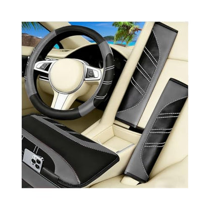 HZEL 4PCS Car Accessories Set, 14.5-15" Non-Slip Soft Microfiber Leather Steering Wheel Cover, Comfortable Seat Belt Cushion, Center Console Armrest Cover, Universal Fit (Black/Gray) - color: Black/Gray