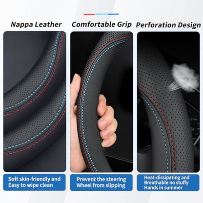 Nappa Leather Car Steering Wheel Cover Custom Fit for Mercedes Benz GLC 300 GLE 350 450 C300 Sprinter GLA 250 GLA 250 GLB 250 Accessories, Universal 15 Inch with Logo, Non-Slip and Breathable, Black - size: D-Shaped