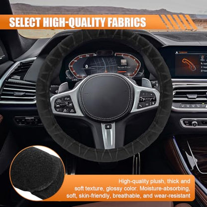 Car Steering Wheel Cover, 15" Fluffy Plush Auto Steering Wheel Elastic Protector, Warm in Winter, Breathable Anti-Slip Vehicle Interior Decoration Accessories for Most Cars (Black)