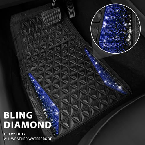 CAR PASS Bling Diamond Car Mats Rubber Floor Mats Full Set Anti-Slip 3D Rhombus Waterproof Trim to Fit Liner Universal Glitter Crystal Sparkly Shining Rhinestone Girl Women SUV Sedan Van, Black Blue - color: Blue Diamond