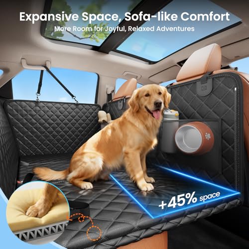 REEVAA 2.0 Hard Bottom Back Seat Extender for Heavy-Duty Dogs, Dog Car Seat Cover with Cushion Sponge, Waterproof Dog Hammock with Mesh Window for Car, Universal Fits for SUV/Small Truck, L, Black - size: L - SUVS,Mudium Trucks