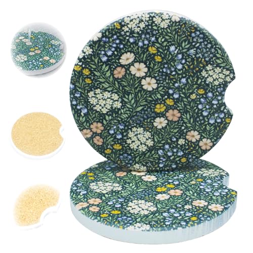 Ceramic Car Coasters, 2 Pack, 2.64" Absorbent Car Cup Holder Coasters, Cute Ceramic Car Coasters for Women, All-Over Floral Pattern - color: All-over Flower