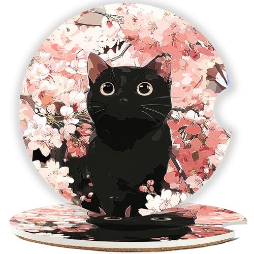Car Cup Holder Coaster Set of 2, 2.56 in Ceramic Coasters, Scratch-Resistant Cork Backing, Finger Groove Design for Easy Placement, Cute Car Accessories Interior for Women (Cute Kitten) - color: Cute Kitten