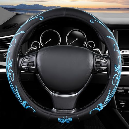 Blue Embroidery Butterfly Car Steering Wheel Cover,14.5-15 Inch Universal Leather Covers Breathable Anti-Slip Odorless Steering Wheels Accessories for Men Women - color: Embroidery-Blue