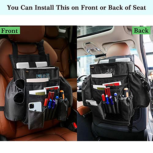 Car Front & Back Seat Organizer with Dedicated Tablet/Laptop Compartment, Passenger Seat File Storage with Cup Holder, Adjustable Backrest, and Padded Shoulder Strap